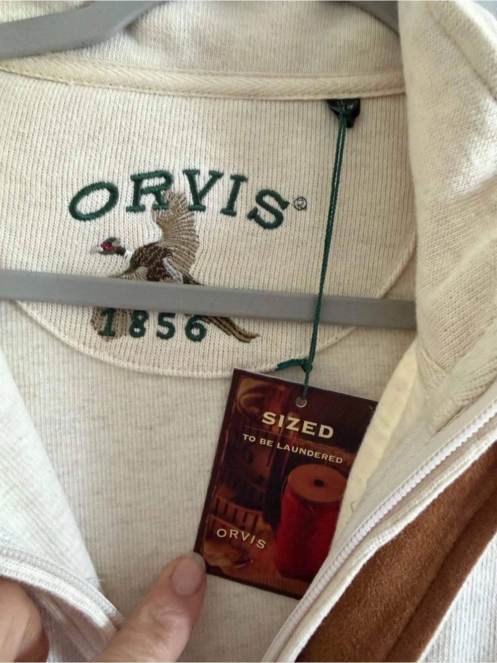 Orvis 1856 Quarter Zip Sweatshirt Cream Suede Elbow Patch XL NWT